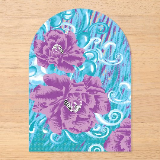 Ein lebendiges Textildesign mit lila und turq-Char Acryleinladungen (Vorderseite)