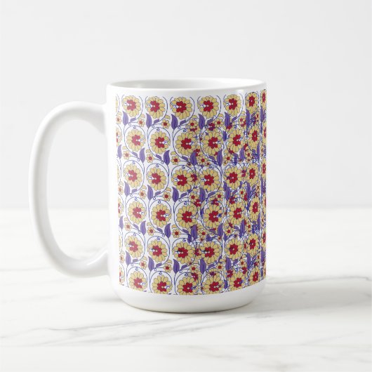 Ein lebhaftes Design mit gelbem und orangefarbenem Kaffeetasse (Links)