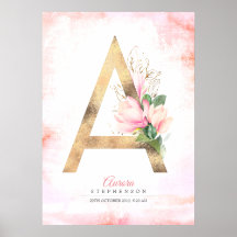 Ein Letter Monogram Gold Verlasse Rosa Magnolia Fl