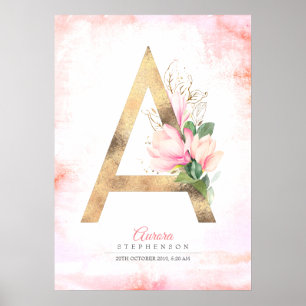 Ein Letter Monogram Gold Verlasse Rosa Magnolia Fl Poster