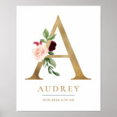 Ein Letter Monogram Name Marsala Floral Kinderzimm Poster (Vorne)