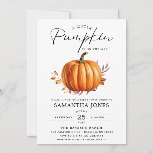Ein Liitle Pumpkin ist auf dem Weg zum Herbst Baby Einladung (Vorderseite)