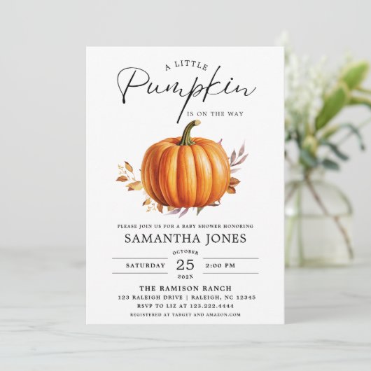 Ein Liitle Pumpkin ist auf dem Weg zum Herbst Baby Einladung (Stehend Vorderseite)