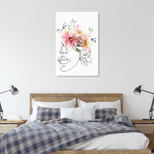 Ein-Linien-Gesichtskunst mit rosa, botanisierte Bl Leinwanddruck (Insitu (Schlafzimmer))