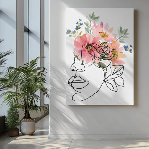 Ein-Linien-Gesichtskunst mit rosa, botanisierte Bl Leinwanddruck