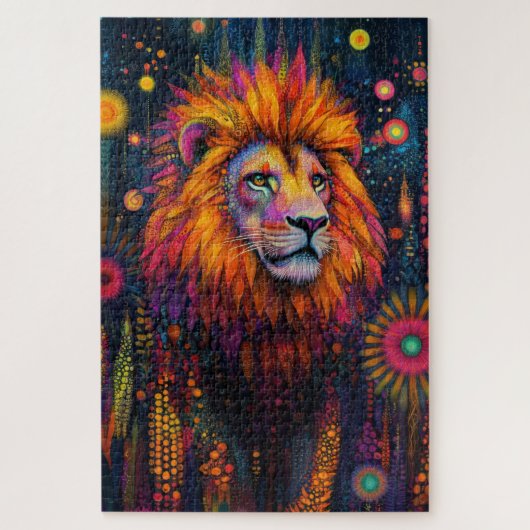 Ein Löwe durch einen psychedelischen Dschungel Puzzle (Vertikal)
