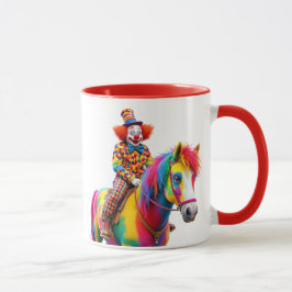 Ein lustiger Clown reitet ein buntes Pferd. Tasse