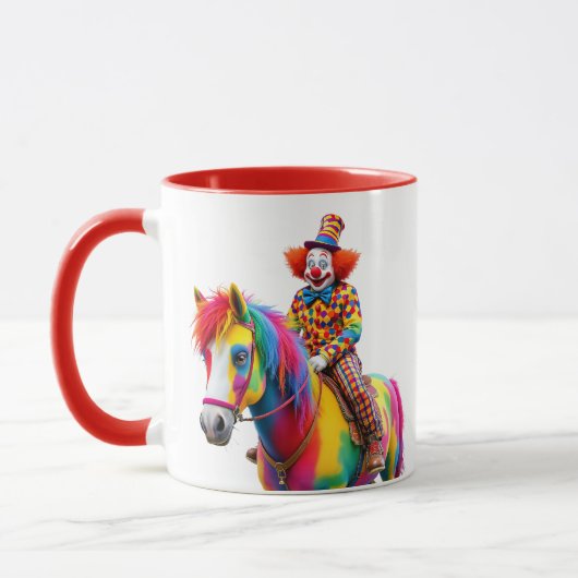 Ein lustiger Clown reitet ein buntes Pferd. Tasse (Links)