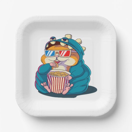 Ein lustiger Hamster mit Brille frisst Popcorn Pappteller (Vorderseite)