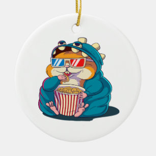 Ein lustiger Hamster mit Brille isst Popcorn Keramik Ornament