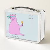 Ein lustiger Ninja Schwein Cartoon sitzend mit ein Metall Brotdose (Rückseite)