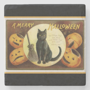 Ein lustiges Halloween Schwarze Katze und Kürbiski Steinuntersetzer