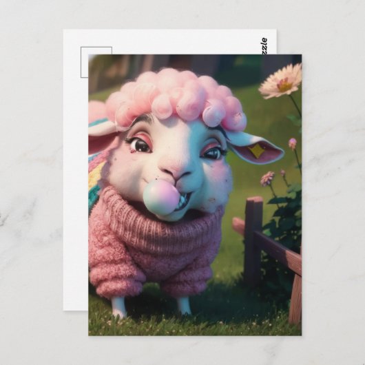 Ein lustiges Schaf in einem Pullover, das rosa Kau Postkarte (Vorne/Hinten)