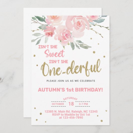 Ein Mädchen 1. Geburtstag Einladung. Einladung (Vorne/Hinten)