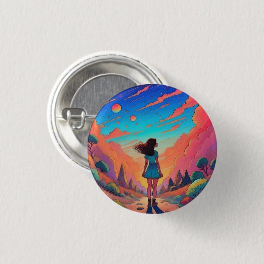 Ein Mädchen auf der Reise in die Fantasiewelt Basi Button (Vorne & Hinten)