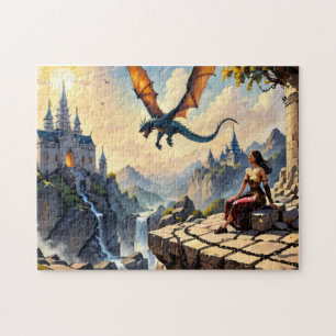 Ein Mädchen, das einen Drachen sieht, fliegt vorbe Puzzle
