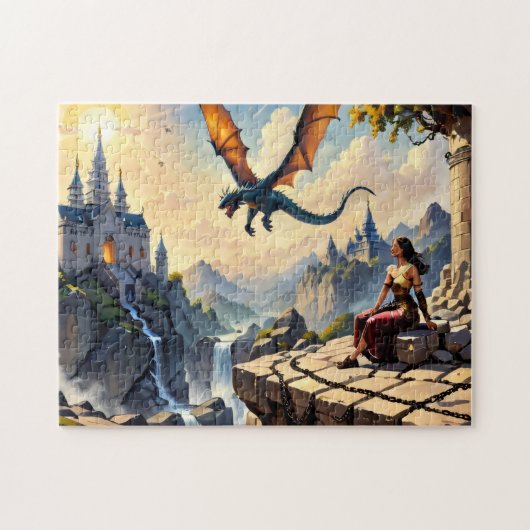 Ein Mädchen, das einen Drachen sieht, fliegt vorbe Puzzle (Horizontal)