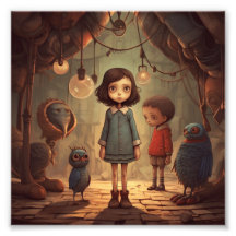 Ein Mädchen in blauem Kleid steht mit Junge