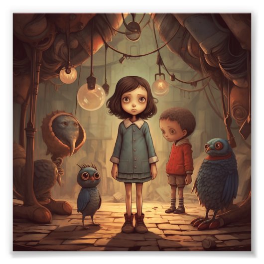 Ein Mädchen in blauem Kleid steht mit Junge Fotodruck (Vorne)