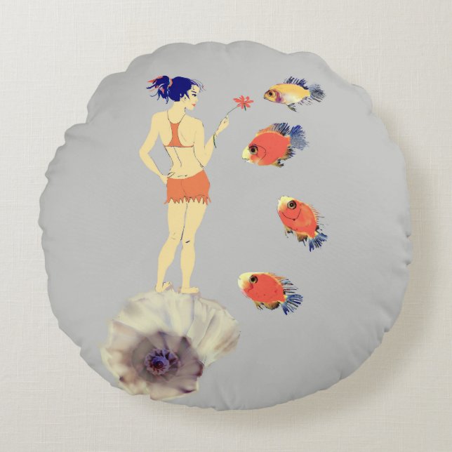 Ein Mädchen mit Blume Rundes Kissen (Vorderseite)