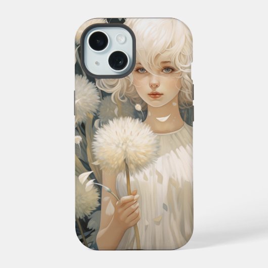 Ein Mädchen mit einem Dandelion iPhone 15 Fall Hülle (Rückseite)