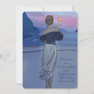 Ein Mädchen mit einem Glas Wein an der Küste Einladung
