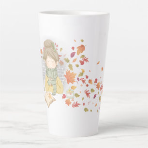Ein Mädchen mit einer Tasse Tee und fliegenden Blä