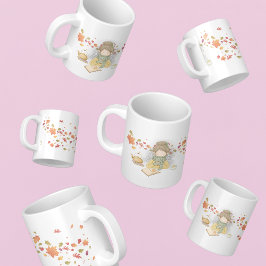 Ein Mädchen mit einer Tasse Tee und fliegenden Blä