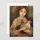 Ein Mädchen mit ihrem Haustier Hühnchen Kunst Postkarte (Vorne/Hinten)