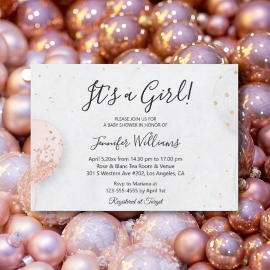 ein Mädchen, rosa Ballons minimalistische Babydusc Einladung