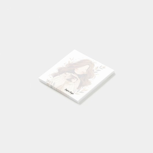 Ein Mädchen trinkt lange einen Kaffee Post-it Klebezettel (angewinkelt)