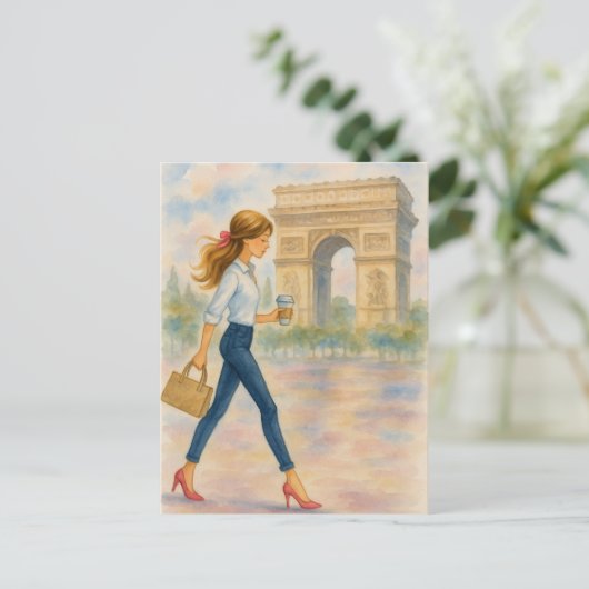 Ein Mädchen und der Arc de Triomphe Szene Paris Postkarte (Stehend Vorderseite)