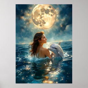 Ein Mädchen und ein Baby-Delfin schwimmen im Meer Poster