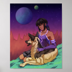 Ein Mädchen und ihr Hund im Weltraum Poster