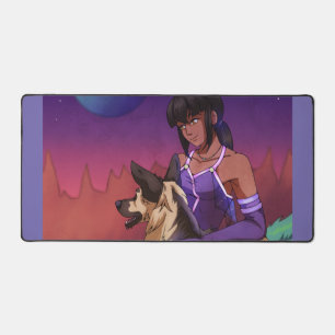 Ein Mädchen und ihr Hund im Weltraum Schreibtischunterlage