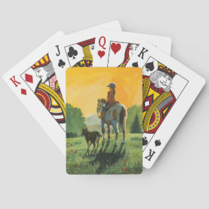 Ein Mädchen und ihr Pferd spielen Karten Spielkarten
