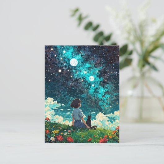 ein Mädchen und ihre Katze sitzen zusammen auf ein Postkarte (Stehend Vorderseite)