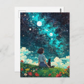 ein Mädchen und ihre Katze sitzen zusammen auf ein Postkarte (Vorne/Hinten)