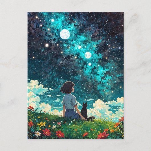 ein Mädchen und ihre Katze sitzen zusammen auf ein Postkarte (Vorderseite)
