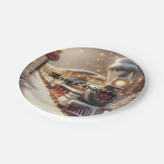 Ein magischer Winter Wonderland Weihnachtszug Pappteller (Schrägansicht)