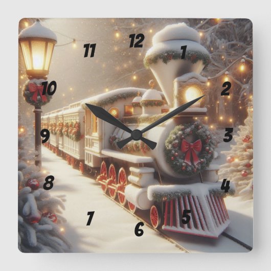 Ein magischer Winter Wonderland Weihnachtszug Quadratische Wanduhr (Vorderseite)