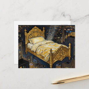Ein magisches Bett über der Stadt Fantasy Postkarte