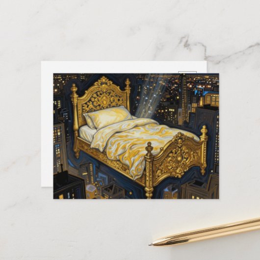 Ein magisches Bett über der Stadt Fantasy Postkarte (Vorderseite/Rückseite Beispiel)