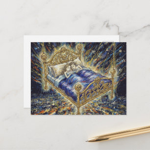 Ein magisches Bett über der Stadt Fantasy schlafen Postkarte