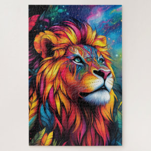 Ein majestätischer Löwe mit einem Neonmantel, der Puzzle