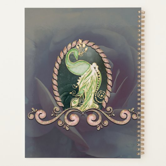 Ein majestätischer Pfau in Gold und Grün Planer (Rückseite)