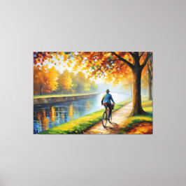 ein Mann, der auf einem Flussweg Fahrrad fährt Leinwanddruck