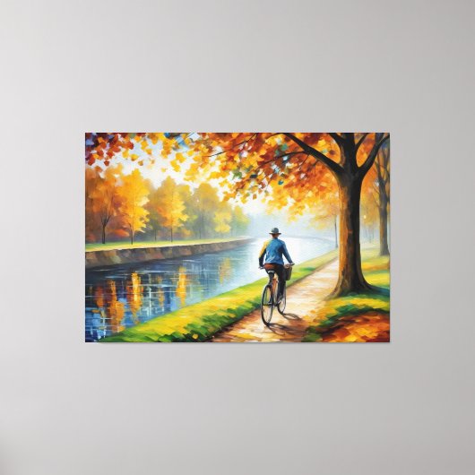 ein Mann, der auf einem Flussweg Fahrrad fährt Leinwanddruck (Vorderseite)