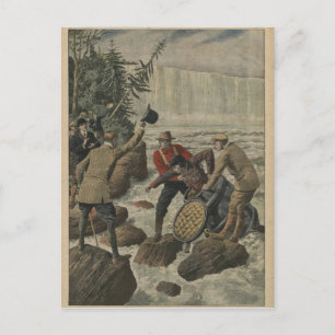 Ein Mann in einem Fass, der die Niagarafälle überq Postkarte
