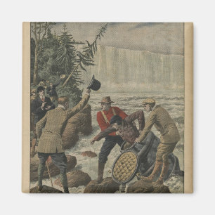 Ein Mann in einem Fass, welches das Niagara Falls Magnet